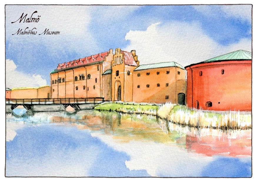 Vykort handmålat Malmöhus slott Malmö
